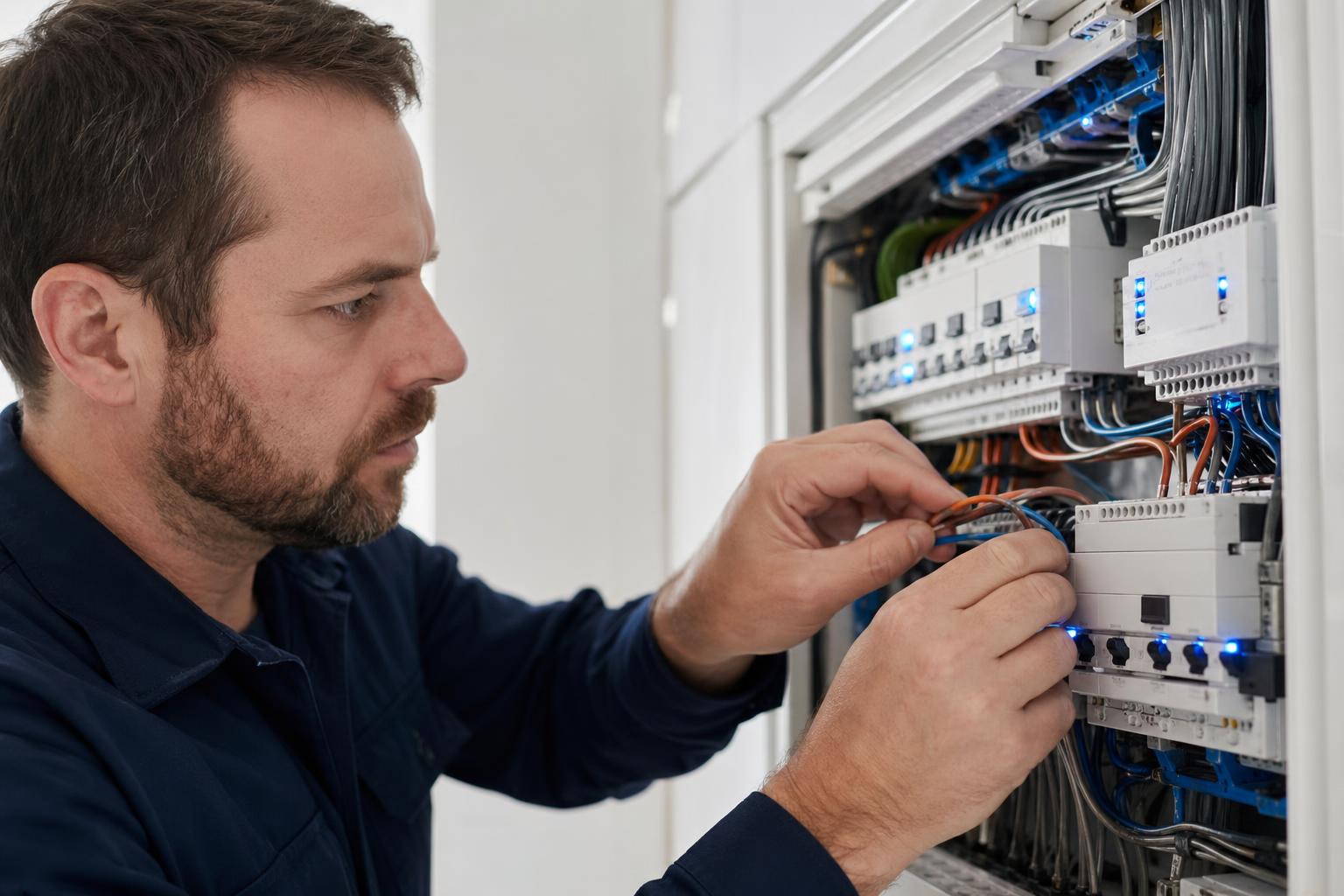 Elektromeister bei der Arbeit am Verteilerkasten in München